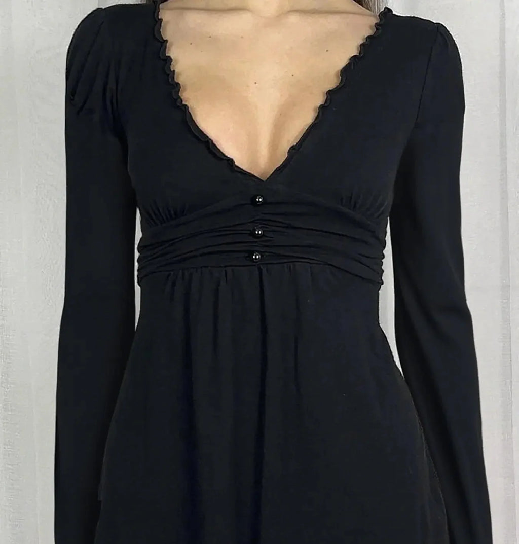 Women's Ruffle Trim V Neck Long Sleeve Top with Ruched Waist [YQT:ULO-260921-005:b2858f229110ffd8]