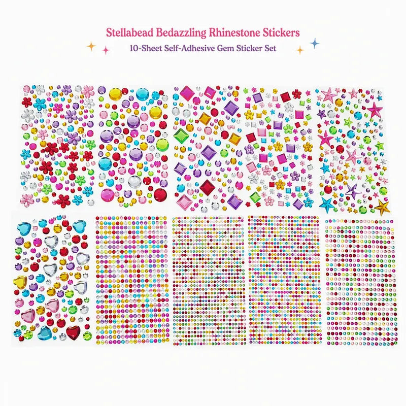 Self-Adhesive Rhinestone Gem Stickers with Assorted Shapes and Chains, 10 Sheets [YQT:BZ-261006-001:b01443bcf4d10844]