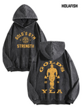 Vintage Gym Strength Lettering Hoodie with Distressed Bodybuilder Back Graphic