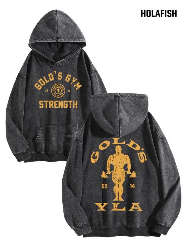 Vintage Gym Strength Lettering Hoodie with Distressed Bodybuilder Back Graphic
