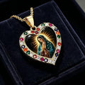 Gold Tone Heart Pendant Necklace with Madonna Motif and Multicolored Stone Settings [YQT:BZ-261014-002:bbdac1db654669f0]