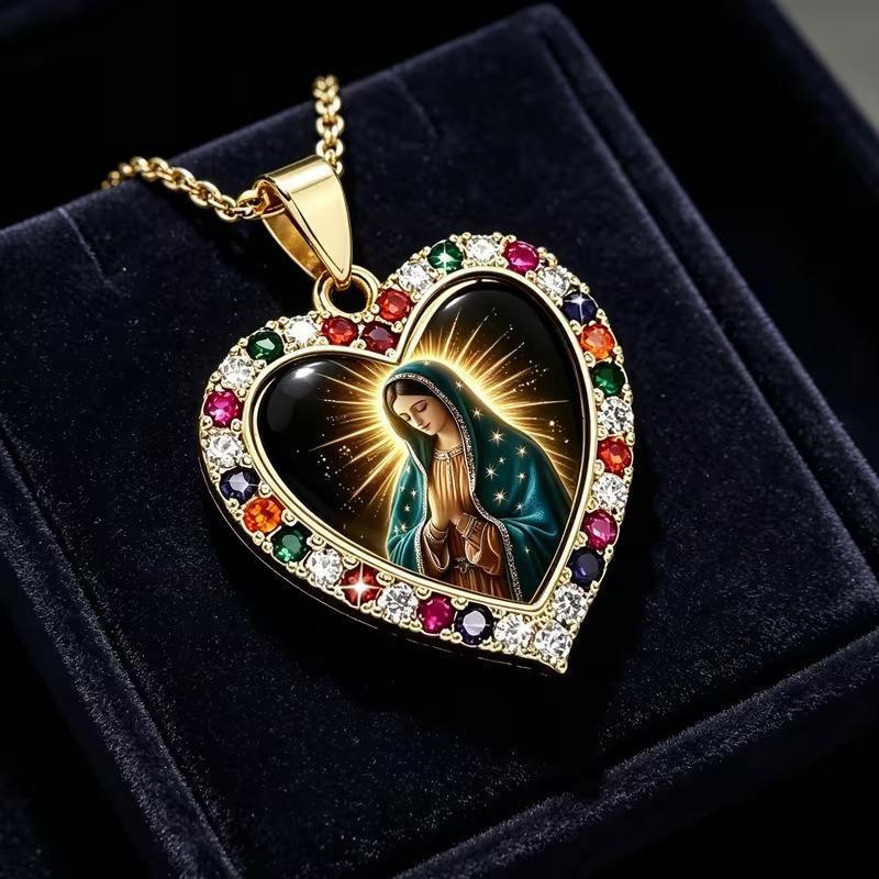 Gold Tone Heart Pendant Necklace with Madonna Motif and Multicolored Stone Settings [YQT:BZ-261014-002:bbdac1db654669f0]