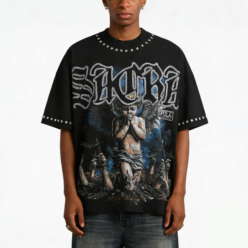 Gothic Praying Cherub Angel Graphic Tee with Blackletter Sacra Lettering and Dark Art Print