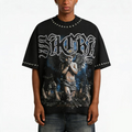 Gothic Praying Cherub Angel Graphic Tee with Blackletter Sacra Lettering and Dark Art Print