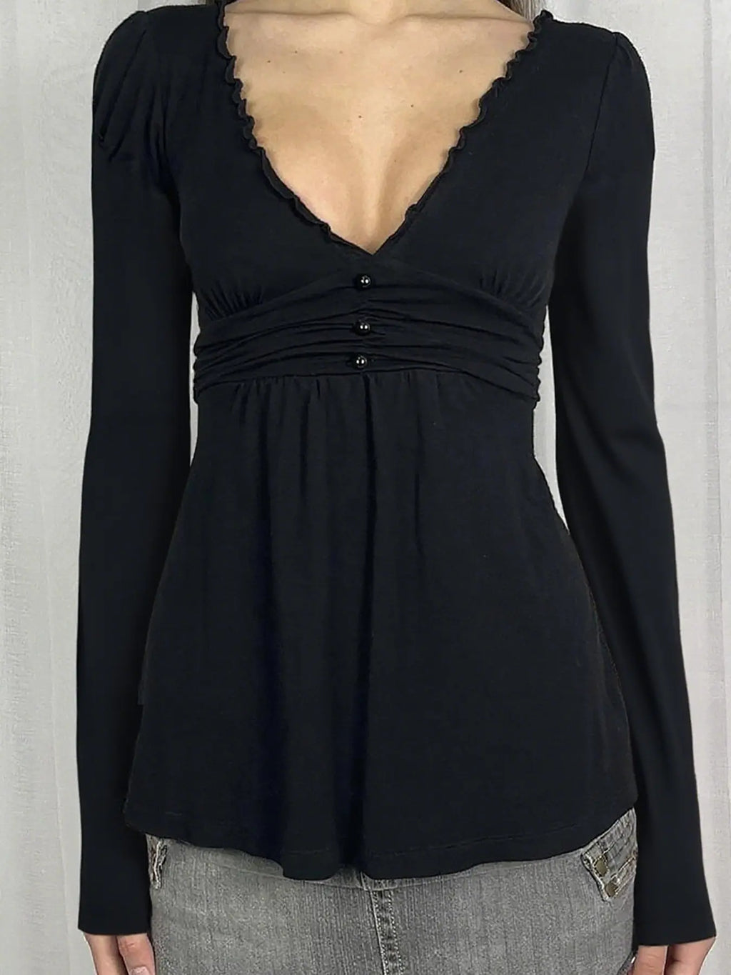 Women's Ruffle Trim V Neck Long Sleeve Top with Ruched Waist [YQT:ULO-260921-005:eacb41618f899809]