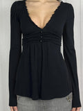 Women's Ruffle Trim V Neck Long Sleeve Top with Ruched Waist [YQT:ULO-260921-005:eacb41618f899809]