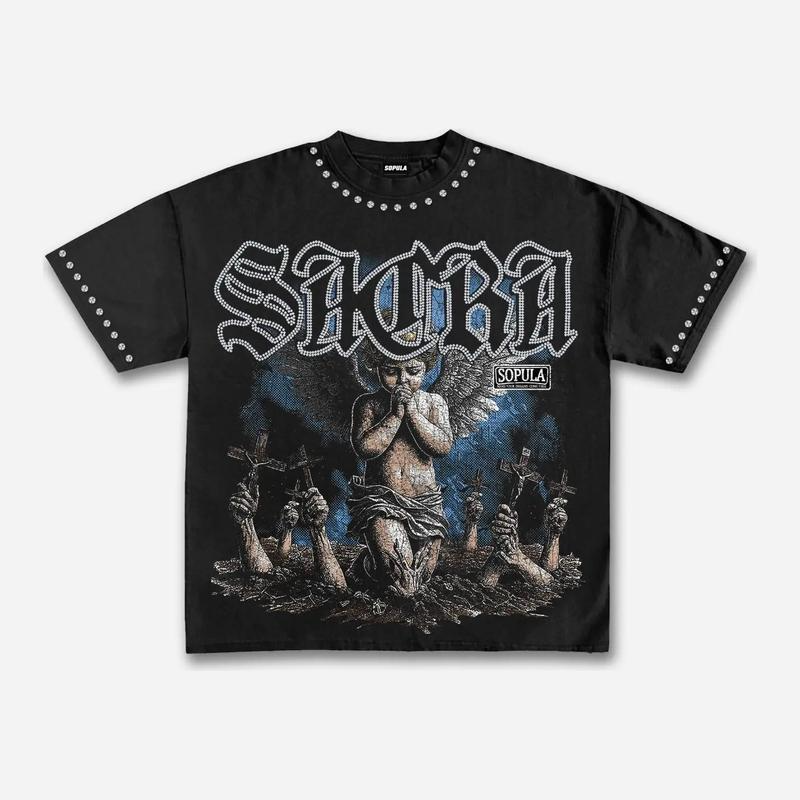 Gothic Praying Cherub Angel Graphic Tee with Blackletter Sacra Lettering and Dark Art Print