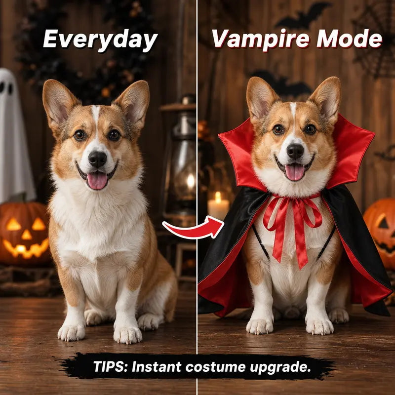 Halloween Vampire Cape for Cats and Dogs with Red Collar and Black Cloak [YQT:BZ-261006-002:985eadf3584aa051]