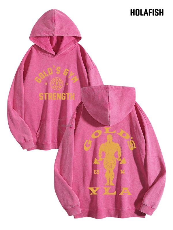 Vintage Gym Strength Lettering Hoodie with Distressed Bodybuilder Back Graphic