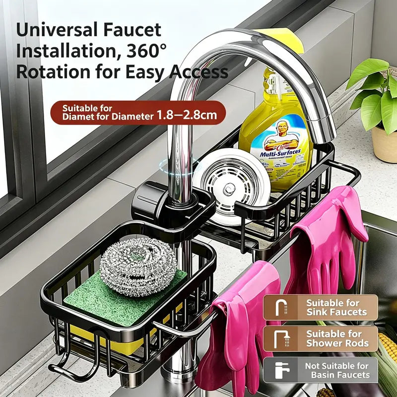 Black Faucet Mounted Sink Organizer Rack with Detachable Drip Tray [YQT:BZ-261010-003:f42170bf1d5f40cf]