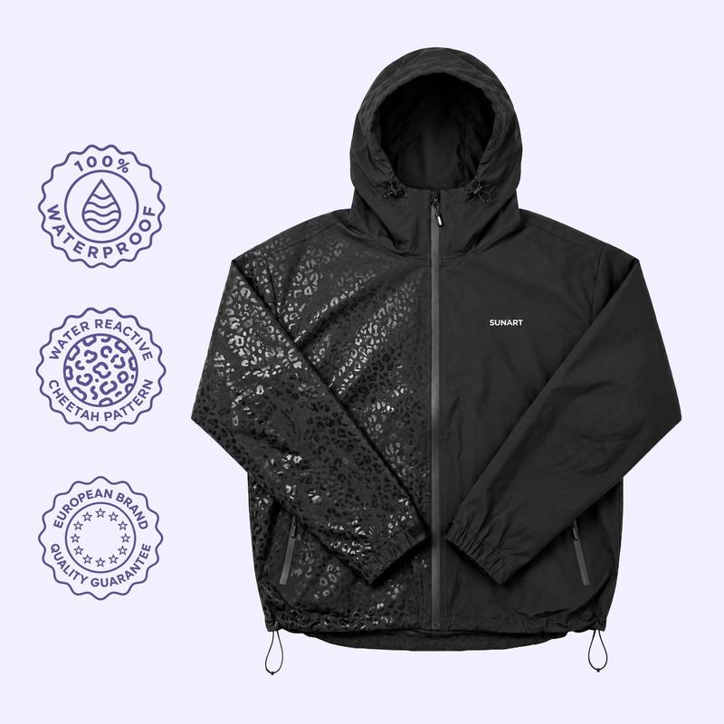 Water Reactive Leopard Print Rain Jacket, Hooded Waterproof Windbreaker with Print That Appears When Wet [YQT:BZT-261014-002:fc02551c0d819ab3]