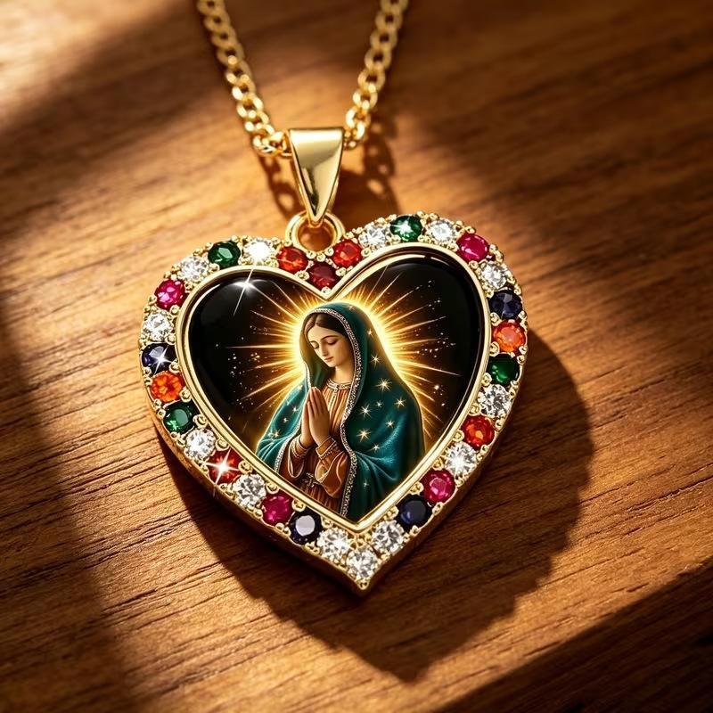 Gold Tone Heart Pendant Necklace with Madonna Motif and Multicolored Stone Settings [YQT:BZ-261014-002:8a408e1131685422]
