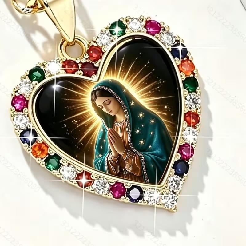 Gold Tone Heart Pendant Necklace with Madonna Motif and Multicolored Stone Settings [YQT:BZ-261014-002:3952864efaef772c]