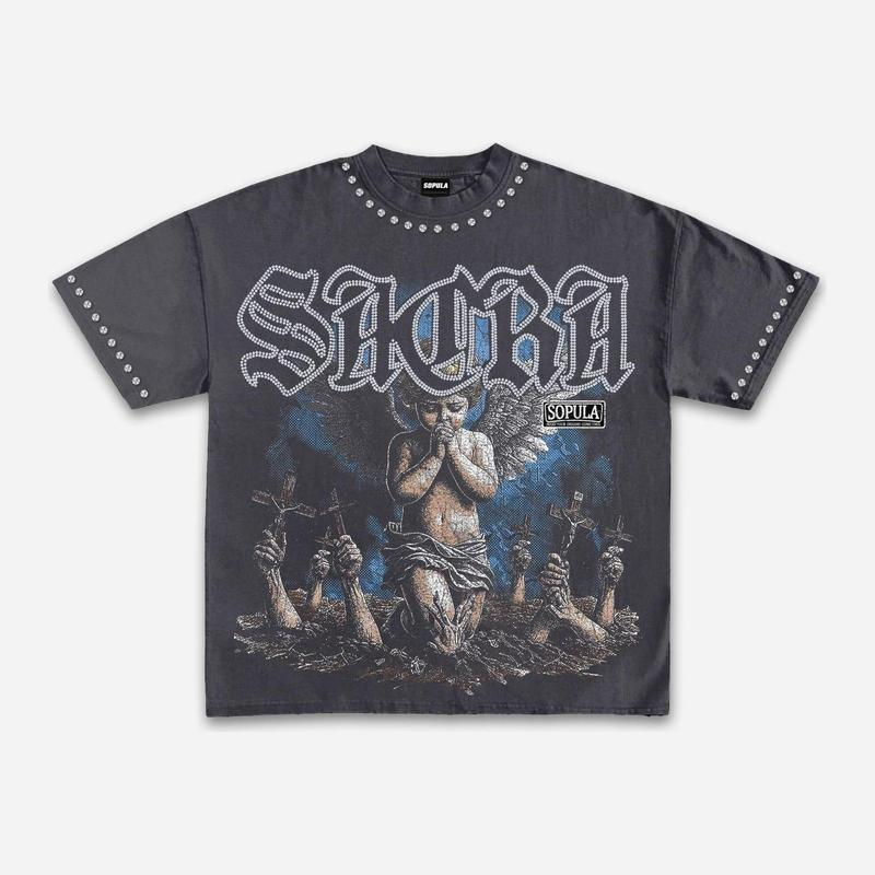 Gothic Praying Cherub Angel Graphic Tee with Blackletter Sacra Lettering and Dark Art Print