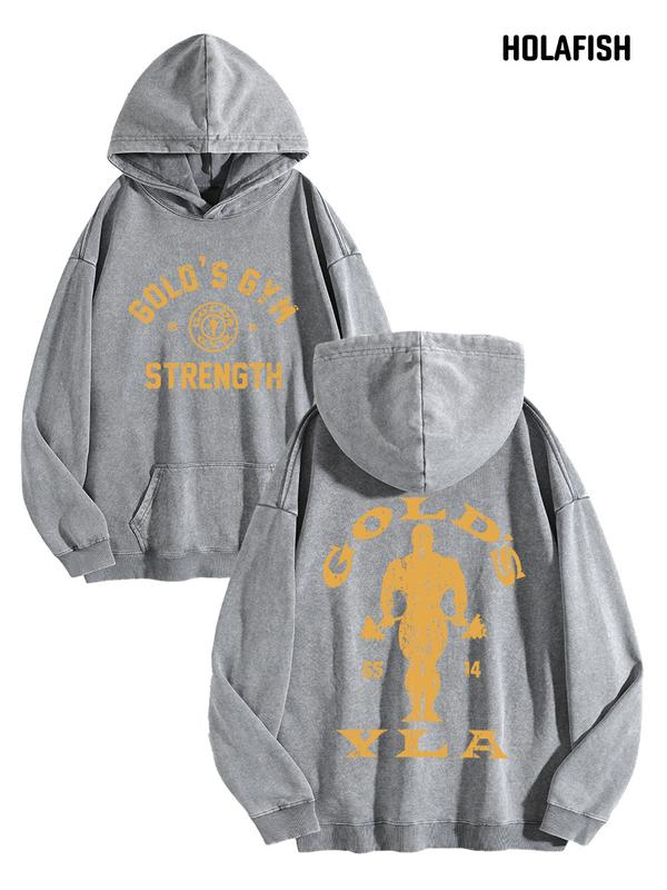 Vintage Gym Strength Lettering Hoodie with Distressed Bodybuilder Back Graphic