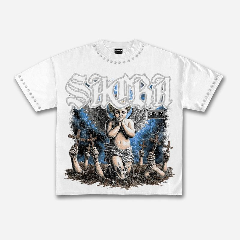 Gothic Praying Cherub Angel Graphic Tee with Blackletter Sacra Lettering and Dark Art Print