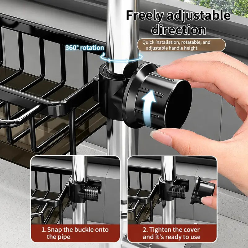 Black Faucet Mounted Sink Organizer Rack with Detachable Drip Tray [YQT:BZ-261010-003:dcb8260df37c364a]