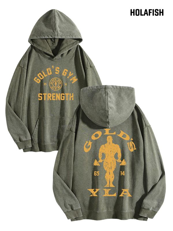 Vintage Gym Strength Lettering Hoodie with Distressed Bodybuilder Back Graphic