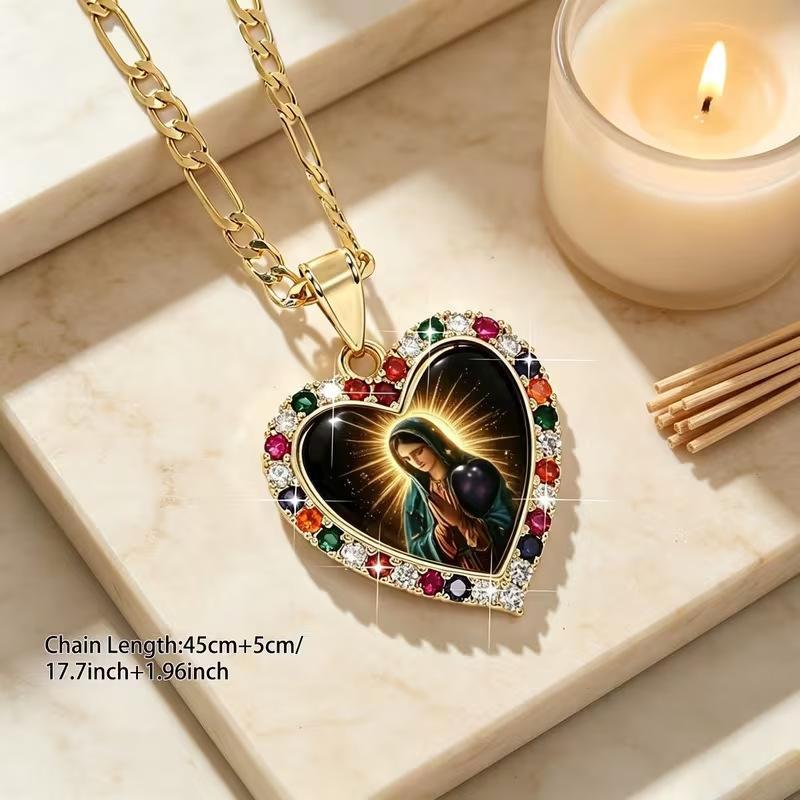 Gold Tone Heart Pendant Necklace with Madonna Motif and Multicolored Stone Settings [YQT:BZ-261014-002:863067bc0004f5b5]