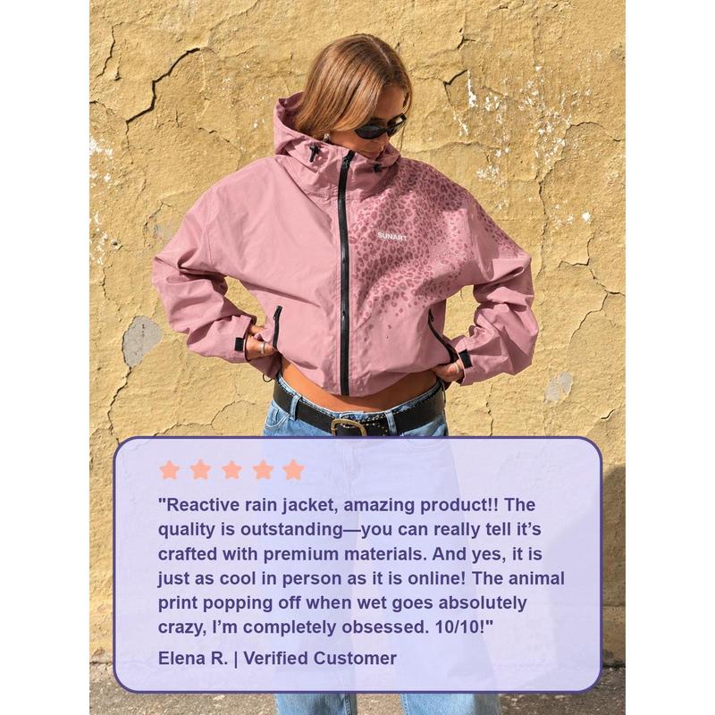 Water Reactive Leopard Print Rain Jacket, Hooded Waterproof Windbreaker with Print That Appears When Wet [YQT:BZT-261014-002:8d20e75f6fd5226f]