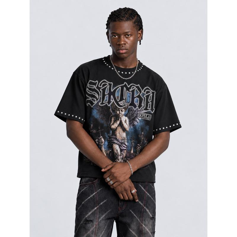 Gothic Praying Cherub Angel Graphic Tee with Blackletter Sacra Lettering and Dark Art Print