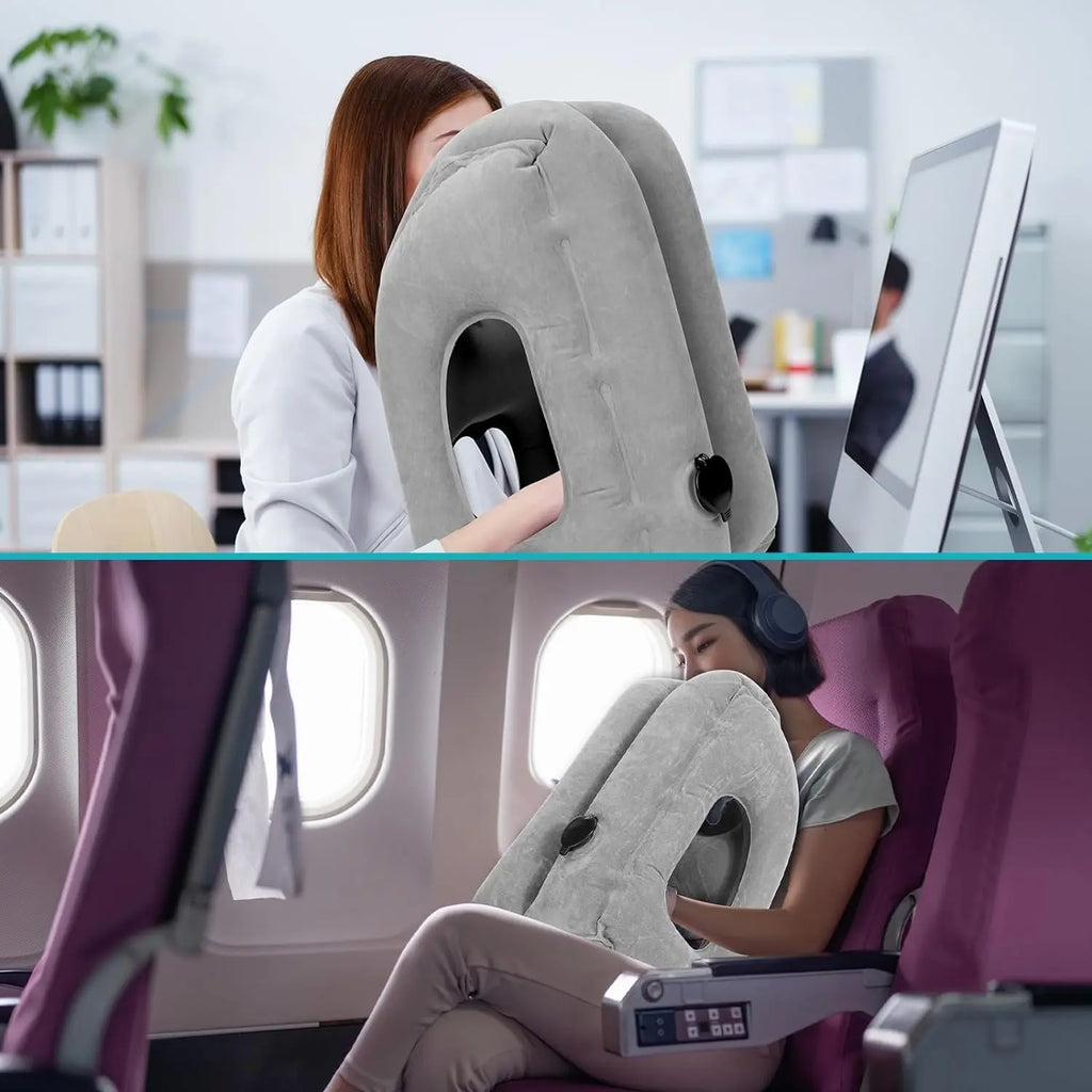 Inflatable Travel Pillow with Head Opening and Side Arm Openings [YQT:BZ-261010-002:a6e3f43db479b86c]