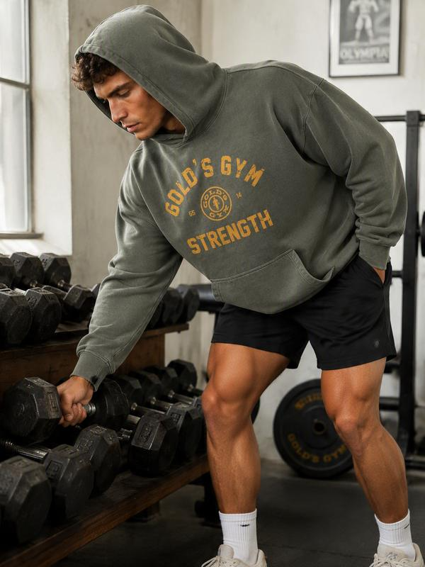 Vintage Gym Strength Lettering Hoodie with Distressed Bodybuilder Back Graphic