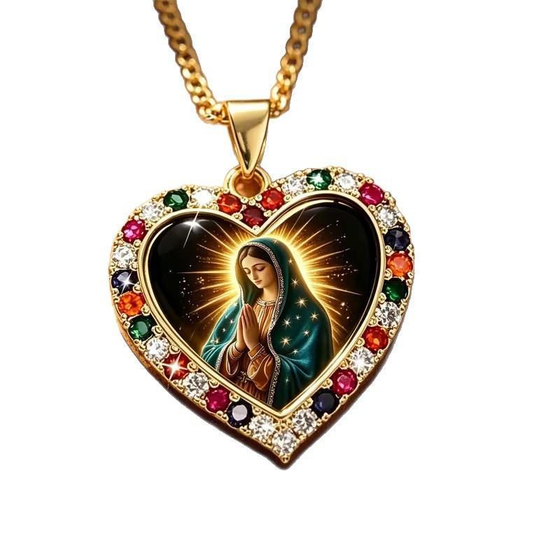 Gold Tone Heart Pendant Necklace with Madonna Motif and Multicolored Stone Settings [YQT:BZ-261014-002:61a3faad14350d25]