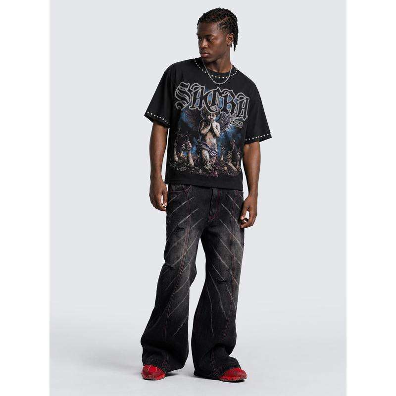 Gothic Praying Cherub Angel Graphic Tee with Blackletter Sacra Lettering and Dark Art Print