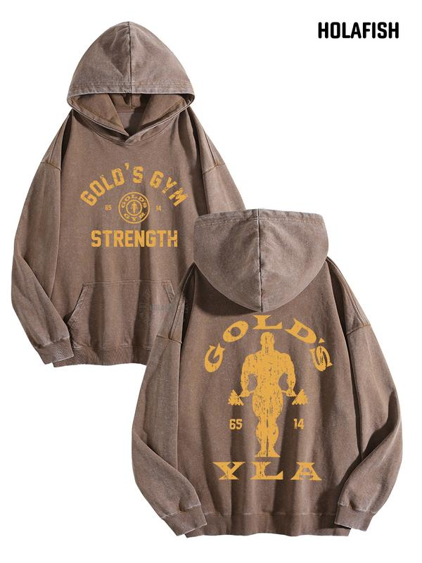 Vintage Gym Strength Lettering Hoodie with Distressed Bodybuilder Back Graphic