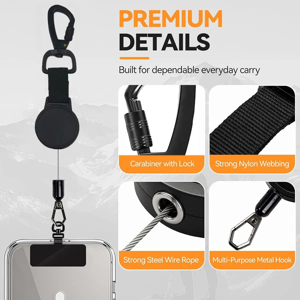 Black Retractable Phone Tether and Keychain with Locking Carabiner Clip [YQT:BZ-261005-001:15ba3af6b203e1a2]