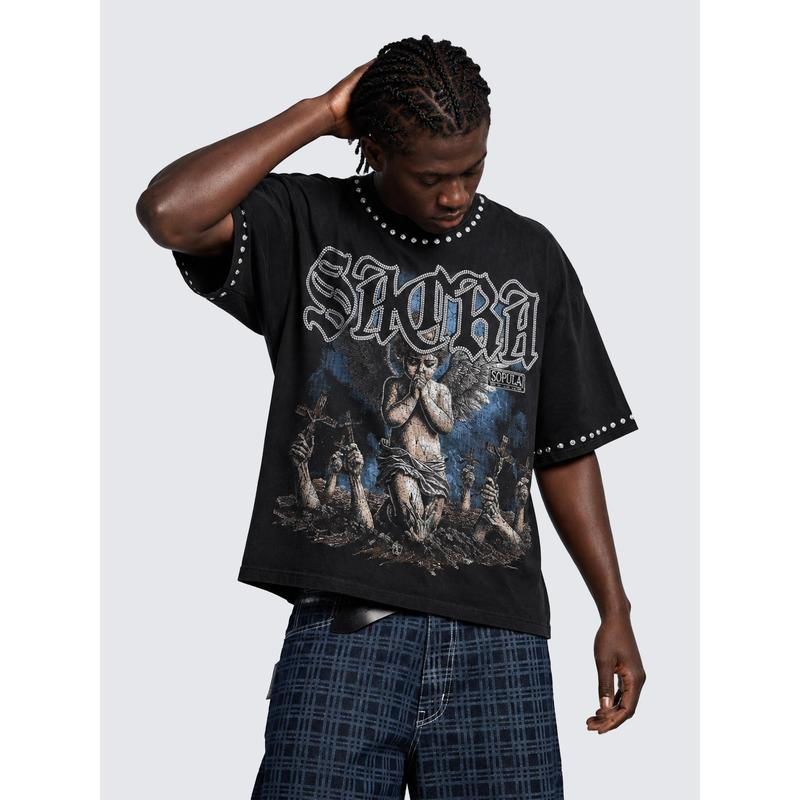 Gothic Praying Cherub Angel Graphic Tee with Blackletter Sacra Lettering and Dark Art Print