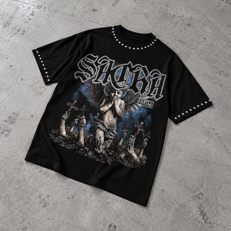Gothic Praying Cherub Angel Graphic Tee with Blackletter Sacra Lettering and Dark Art Print