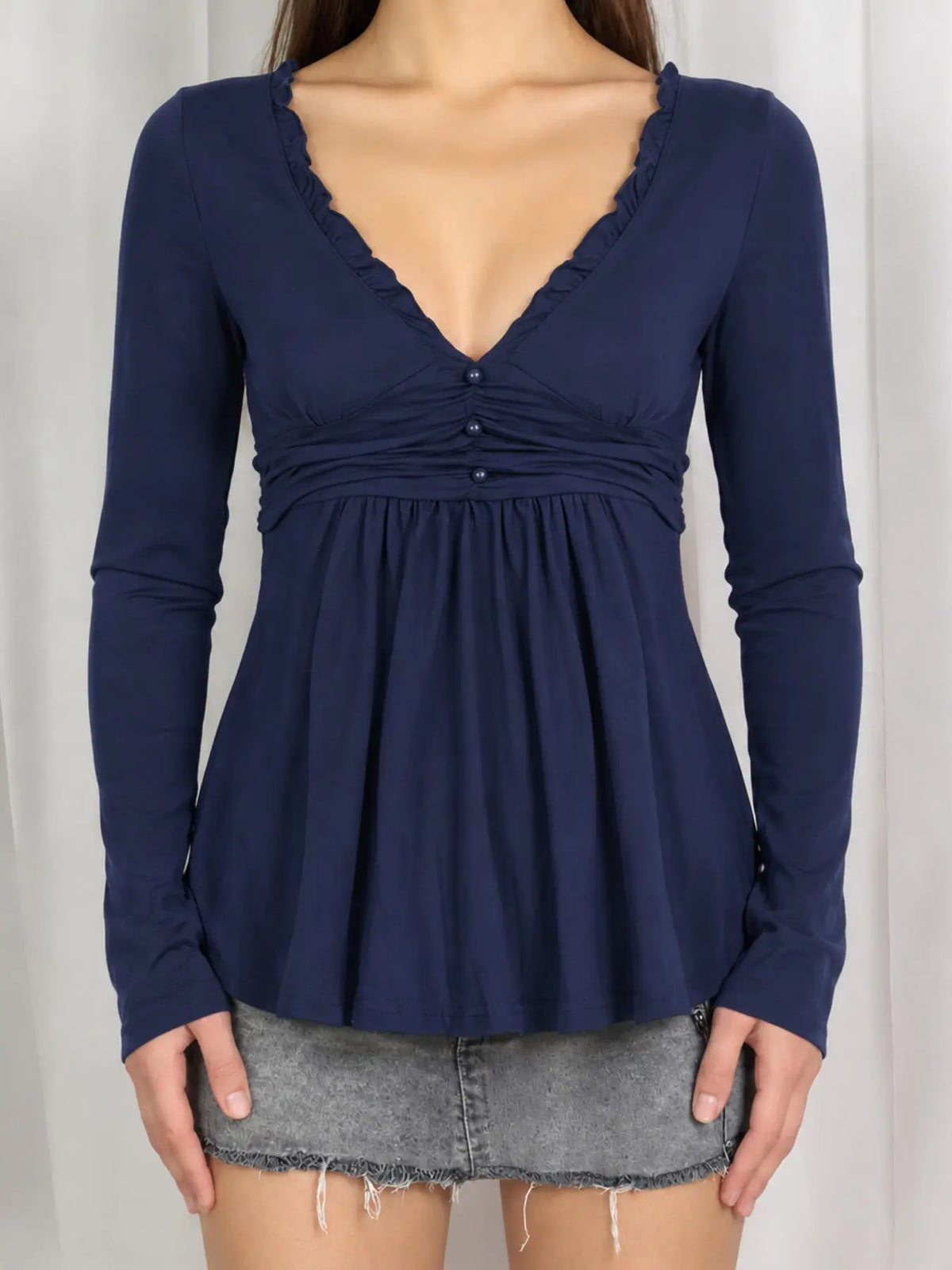 Women's Ruffle Trim V Neck Long Sleeve Top with Ruched Waist [YQT:ULO-260921-005:b223123b4d93001e]
