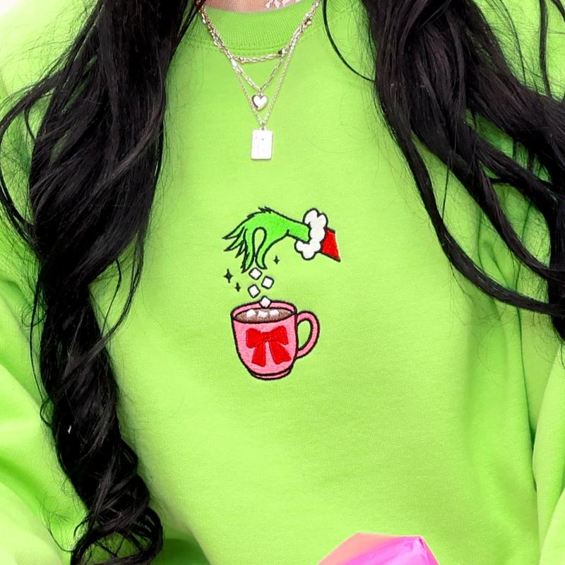 Embroidered Christmas Drink Sweatshirts Classic Womenswear Soft Long Sleeve Multicolor Crewneck for Winter Casual Everyday Wear Light Green Unisex