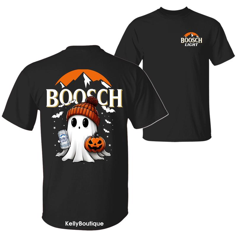 Boosch Light Halloween Cute Boo Boo Ghost Pumpkin T-Shirt, Trendy Halloween Spooky Season 2 Sided Graphic Design Unisex Cotton T-shirt