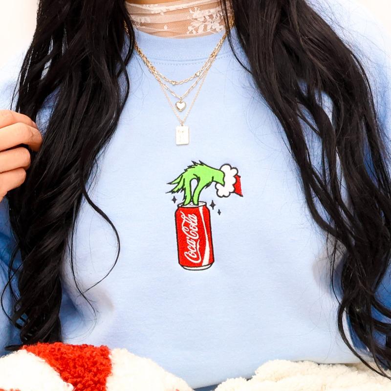 Embroidered Christmas Drink Sweatshirts Classic Womenswear Soft Long Sleeve Multicolor Crewneck for Winter Casual Everyday Wear Light Green Unisex