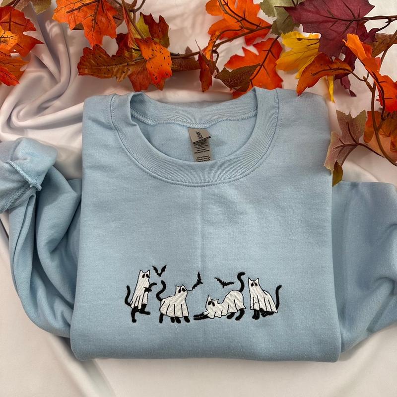 Ghost cat embroidered sweatshirt; Spooky season casual sweaters Casual Long Sleeve Tops